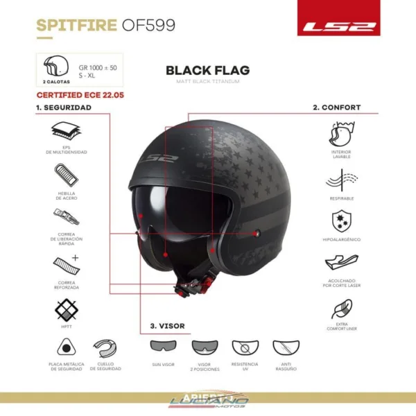 Casco LS2 Of599 Spitfire Flag Negro Mate - Imagen 6